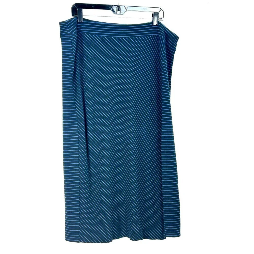 J Jill Wearever Womens Midi Black Blue Striped Pull On Skirt Slit Sz XL 1260E4 - Picture 2 of 11